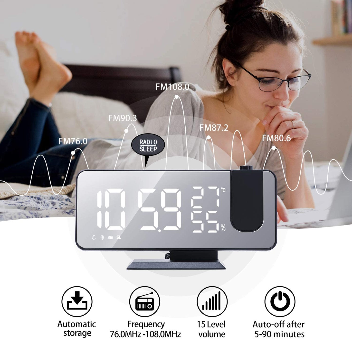 Modevo Projection Digital Alarm Clock w/ Phone Charger - Modevo