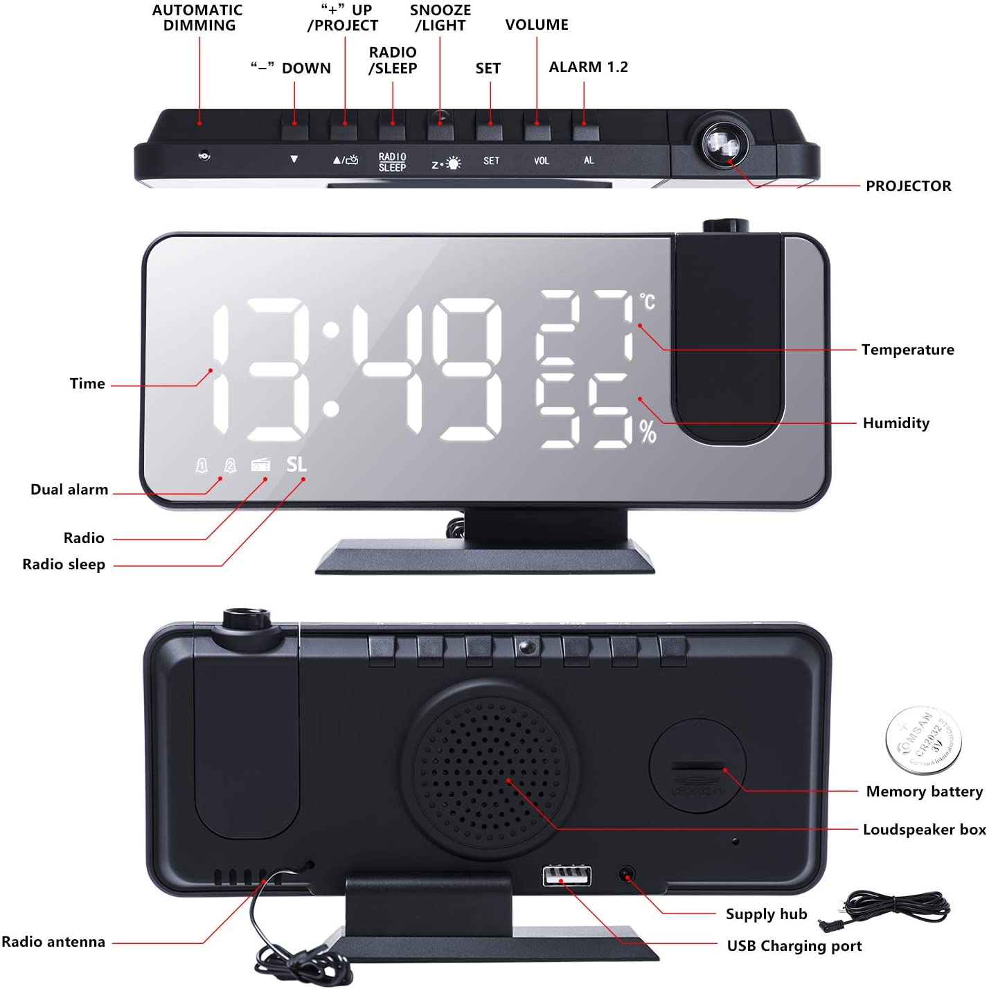 Modevo Projection Digital Alarm Clock w/ Phone Charger - Modevo