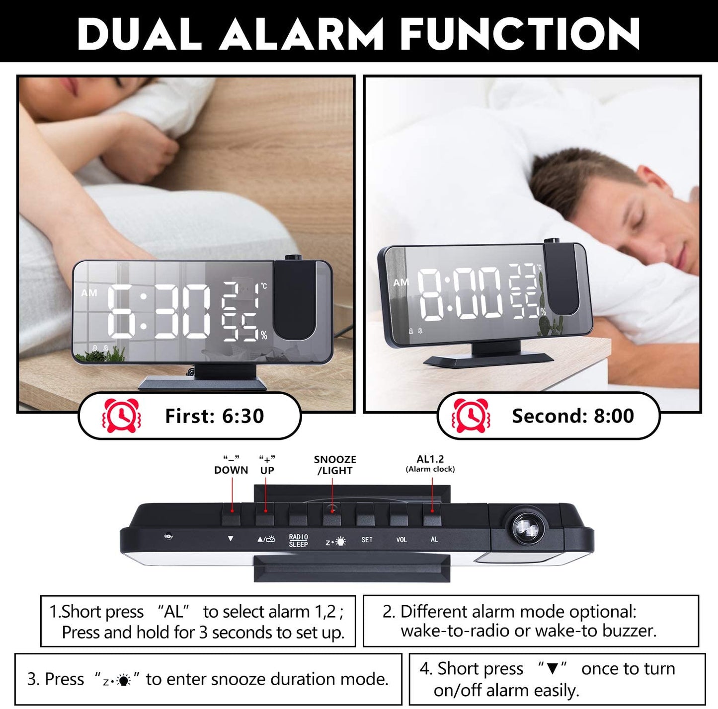 Modevo Projection Digital Alarm Clock w/ Phone Charger - Modevo