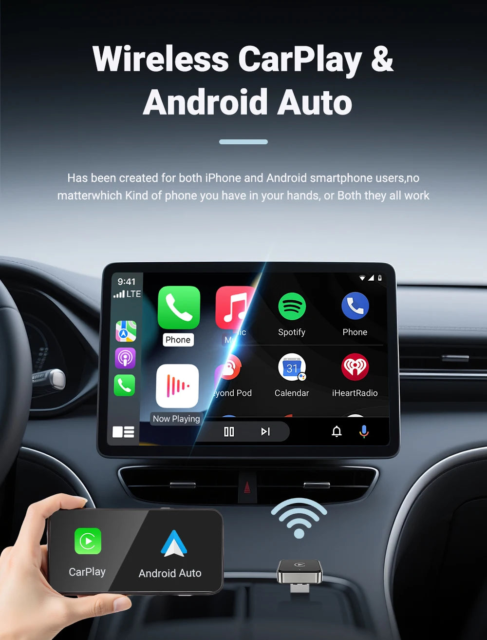 Modevo 2-in-1 Wireless CarPlay & Android Auto Adapter