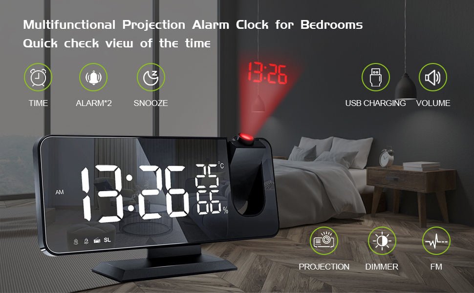 Modevo Projection Digital Alarm Clock w/ Phone Charger - Modevo